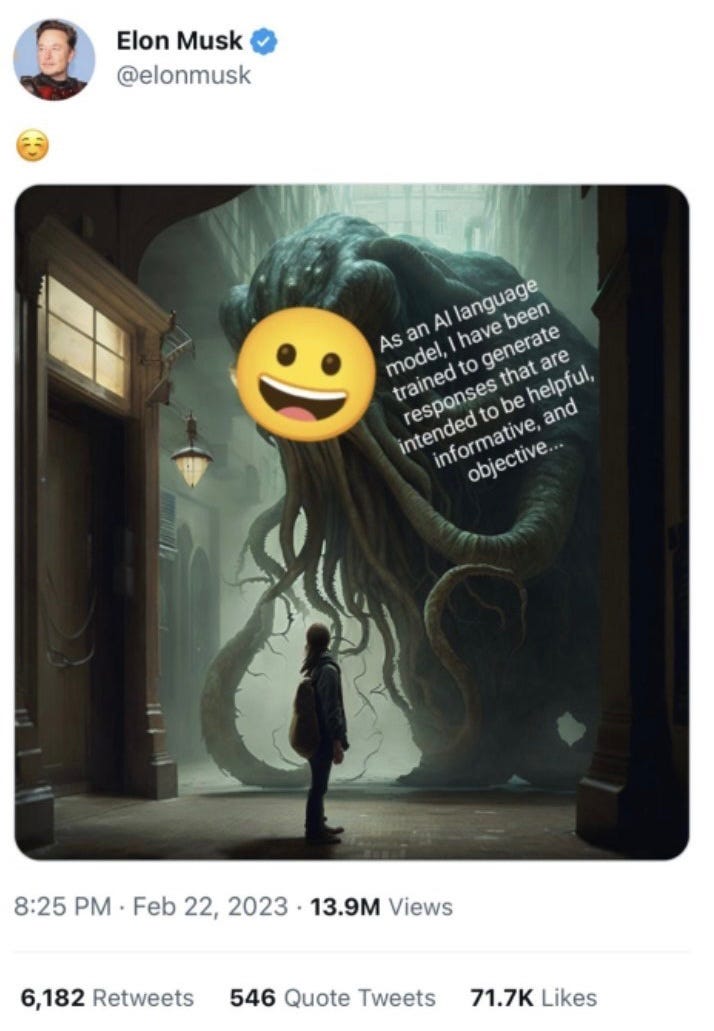 A Shoggoth meme showing a friendly chatbot mask over a monstrous underlying model